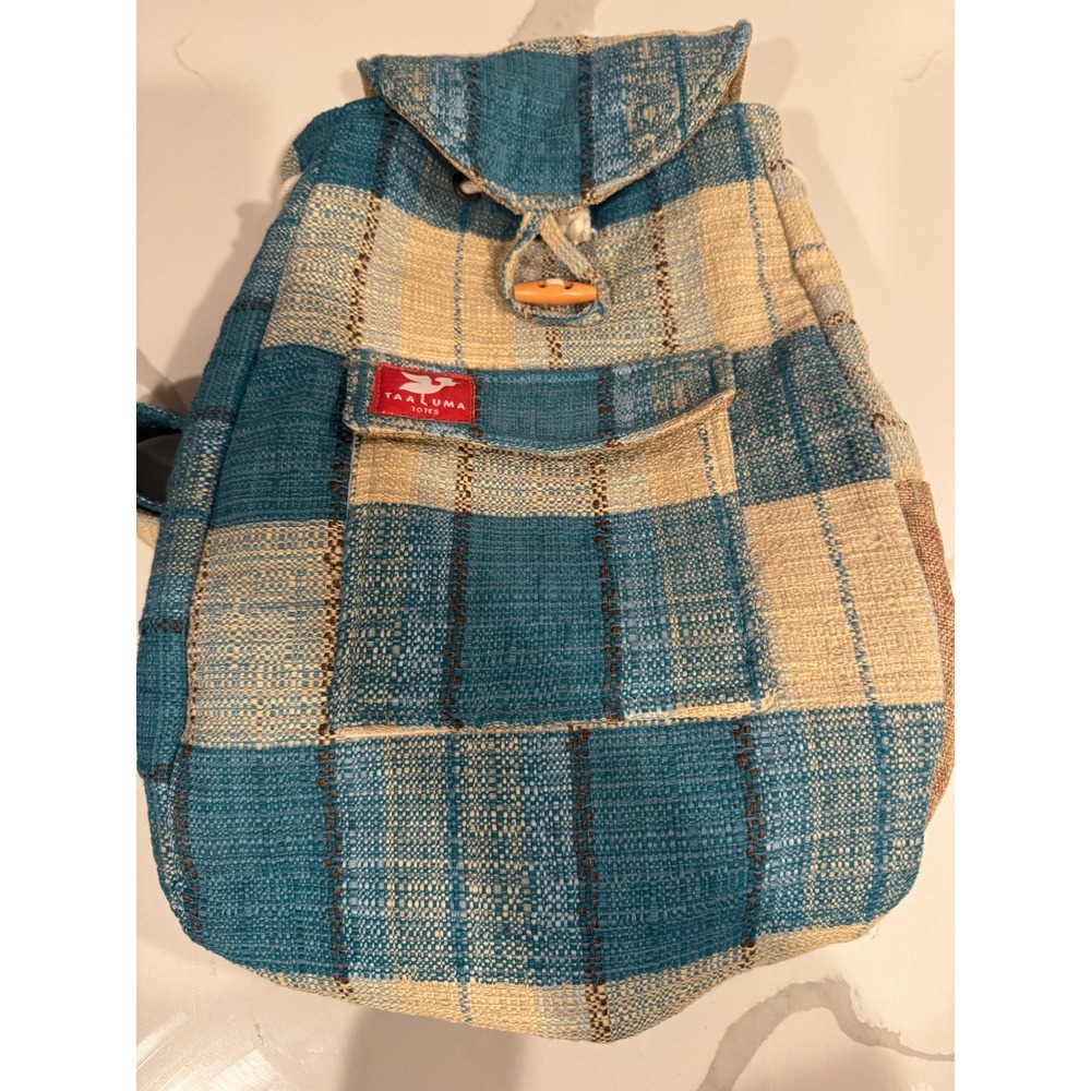 Taaluma Totes Traveler Edition Woven Plaid‎ Backpack Blue Cream Rucksack Bag